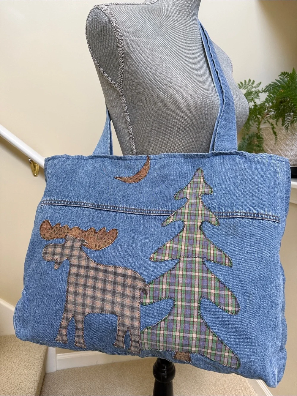New w/o tag Denim Stonewashed Tote Bag with Plaid Moose & Tree Appliqué - Blue